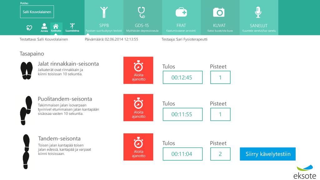 Kun testiä aletaan suorittamaan rekisteröityy potilas, testipvm ja testaaja automaattisesti Kun testi suoritetaan käyttäjä Aloita ajanotto, jolloin sovelluksessa käynnistyy tuo sekunttikello ja kun