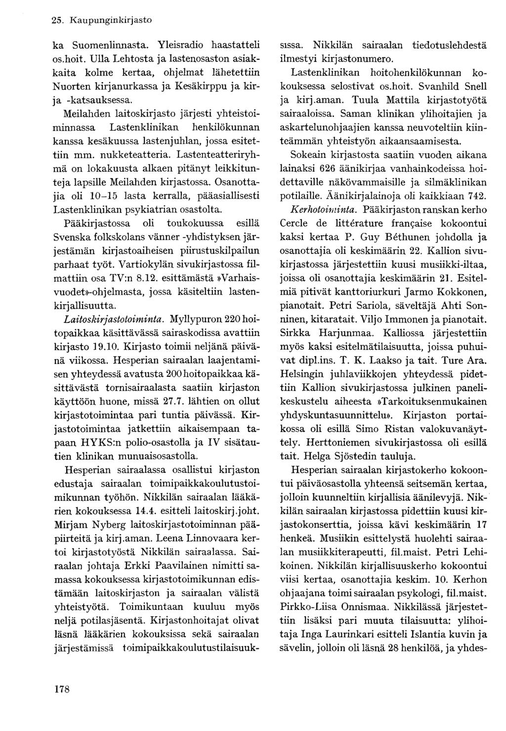 ka Suomenlinnasta. Yleisradio haastatteli os.hoit. Ulla Lehtosta ja lastenosaston asiakkaita kolme kertaa, ohjelmat lähetettiin Nuorten kirjanurkassa ja Kesäkirppu ja kirja -katsauksessa.