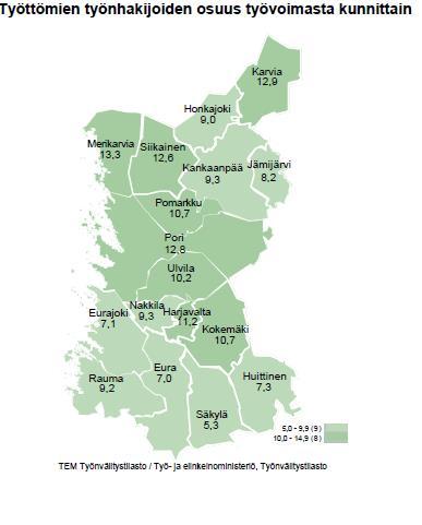 Satakunnan työllisyystilanne pähkinänkuoressa, lokakuu 2017 Työttömiä työnhakijoita oli lokakuun lopussa 10 600. Vuoden takaiseen verrattuna työttömien määrä on alentunut 4020 henkilöä (-27,5 %).