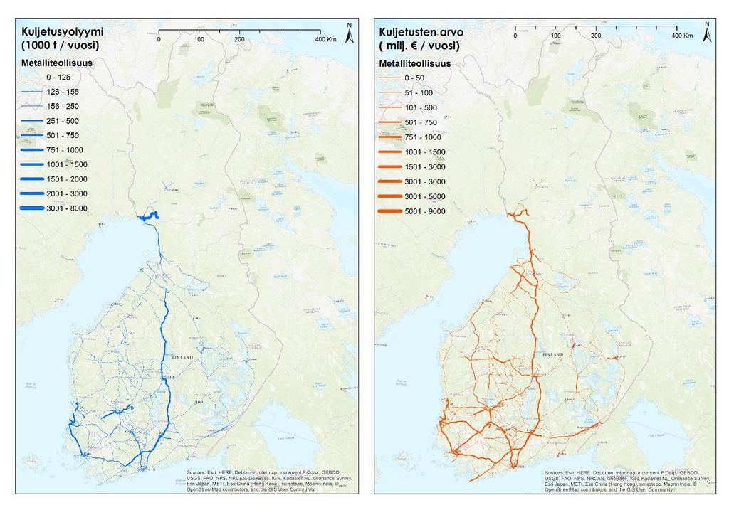 Metalliteollisuus 22 Suurimmat kuljetusvolyymit valtatiellä 4 ja Lounais- Suomessa Kuljetusten arvo hajaantuu jonkin verran enemmän kuin volyymi Kuljetusten arvon kannalta tärkeitä väyliä