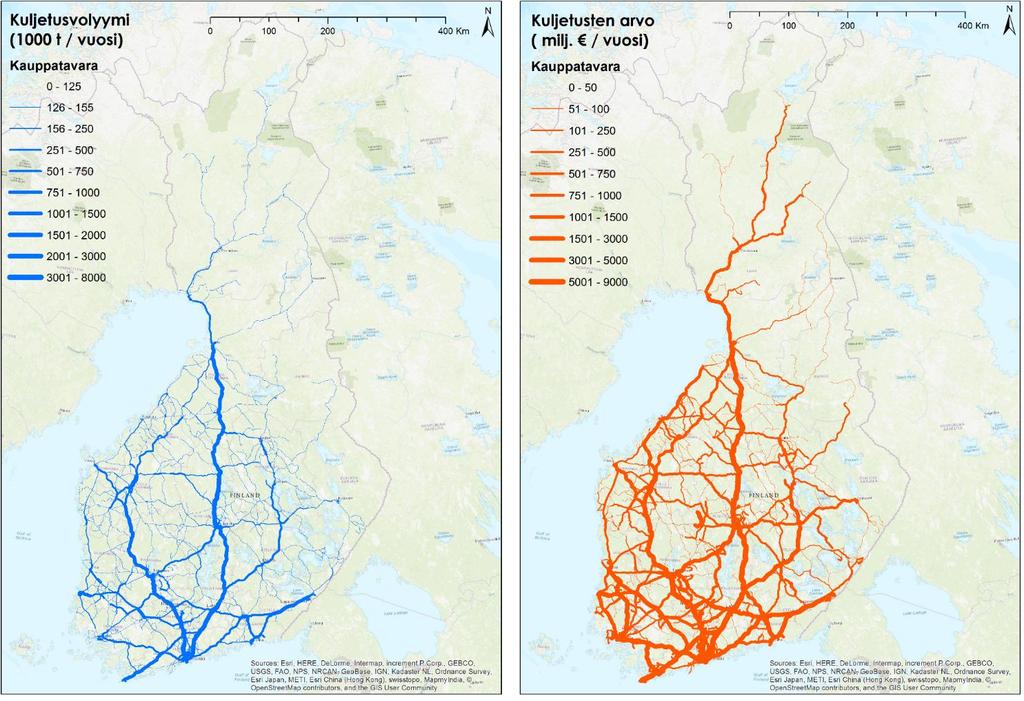 Kaupan kuljetukset Kuljetukset suuntautuvat väestökeskittymiin Tuontitavarat ovat myös merkittävässä osassa Kauppa käyttää laajasti tieverkkoa koko Suomessa Pääteiden rooli korostuu Huomioitava, että