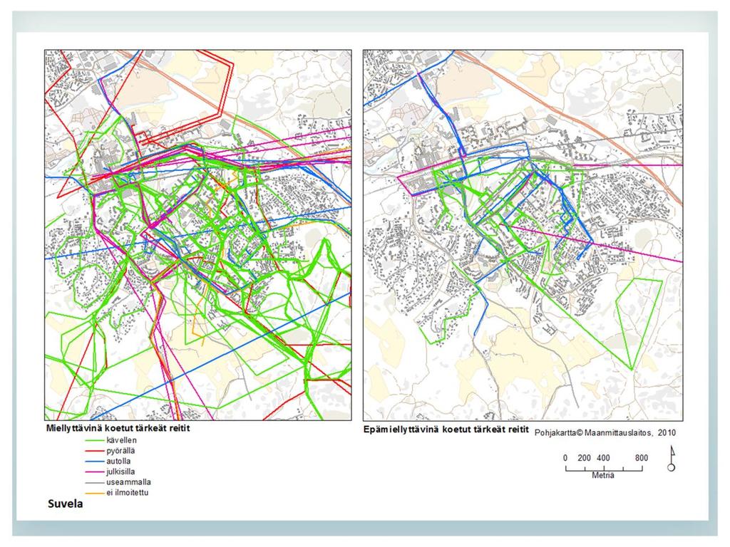 Tärkeiksi koetut reitit Suvelassa Yllä olevista kartoista vasemmanpuoleisessa on kuvattu ne reitit kulkutavoittain, jotka vastaajat kokevat miellyttävinä ja oikeanpuoleisessa kartassa puolestaan ne
