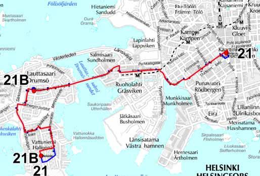 Yölinjan 20N reitti ei muutu. Linjan 21V liikennöinti päättyy syysliikenteen alkaessa, jolloin Länsimetron liikenne alkaa ja Lauttasaaressa siirrytään liityntäliikenteeseen.