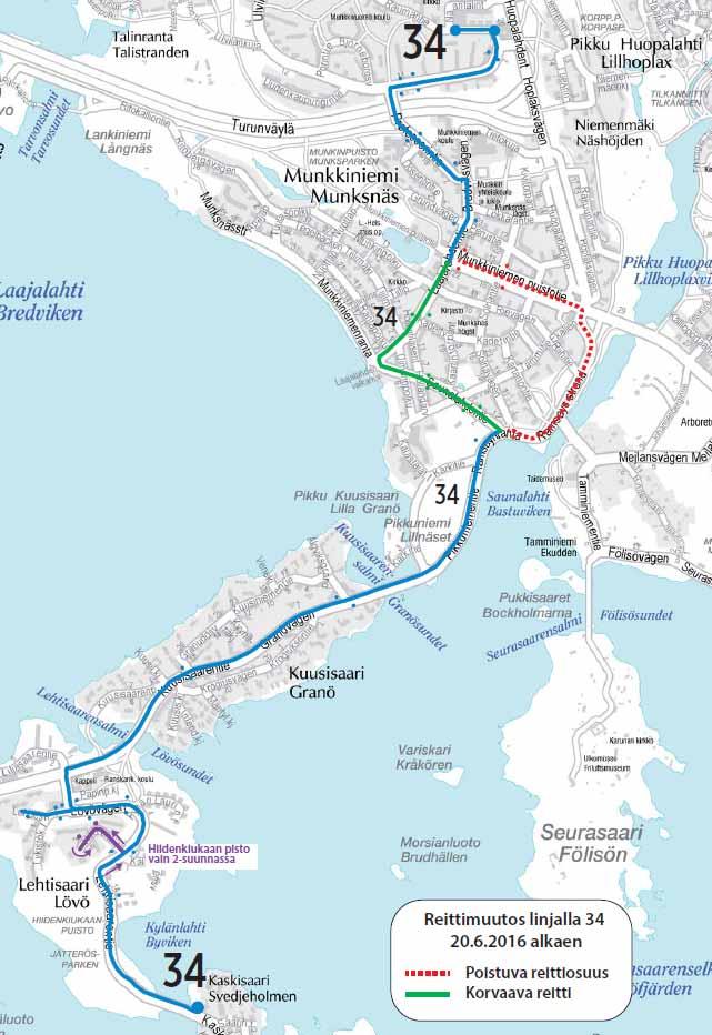 13 Linjat 34 ja 35 Muutetaan kesäliikenteen alusta linja 34 kulkemaan reittiä Laajalahdentie Saunalahdentie Ramsaynranta. Lisäksi Hiidenkiukaantien pisto ajetaan vain suunnassa Kaskisaari Munkkivuori.