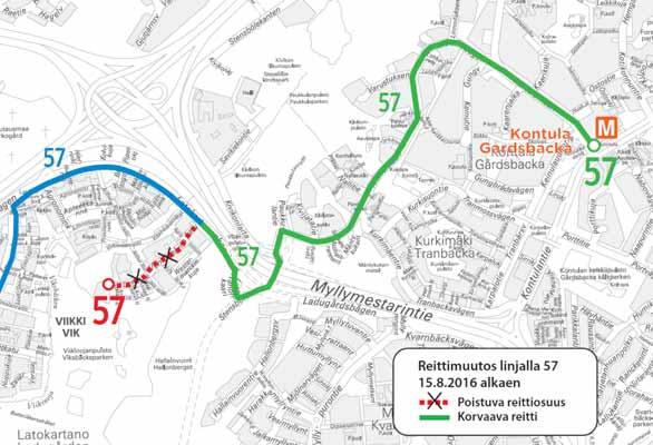 15 Linja 57 Linjan 57 reittiä jatketaan HSL-alueen poikittaisliikenteen kehittämissuunnitelman (HSL:n hallituksen päätös 13.9.