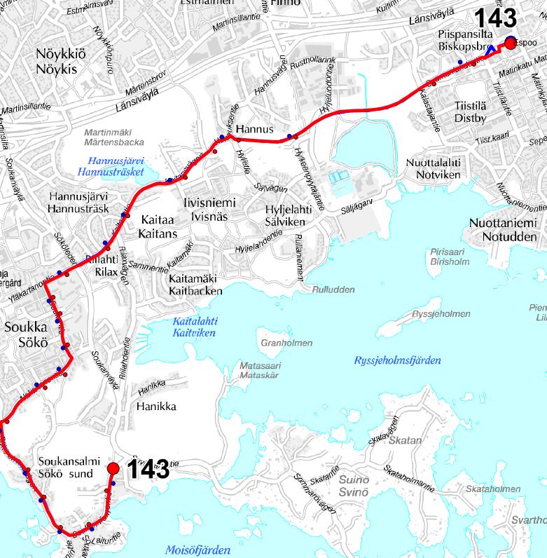 33 Linjat 143 ja 145 Linja 143 liikennöi Matinkylästä Finnoon, Iivisniemen ja Soukan kautta Soukanniemeen. Yhdessä linjan 147 kanssa linja 143 tarjoaa tiheän vuorovälin Matinkylän ja Soukan välille.
