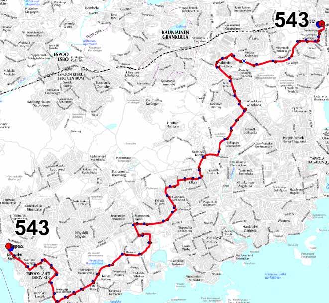 46 Linja 543 Linja 543 liikennöi Kivenlahdesta Soukan, Finnoon, Olarin, Mankkaan ja Säterin kautta Leppävaaraan.