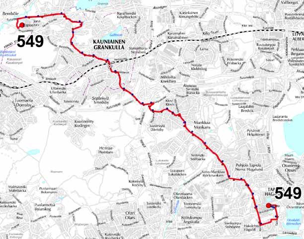 48 Kuva 53. Linjan 549 reitti. Linja 551 Linja 551 reitti kulkee Tapionaukiolta Otaniemen, Munkkiniemen ja Meilahden kautta Pasilaan tarjoten tiheän yhteyden läpi päivän kaikkina viikonpäivinä.