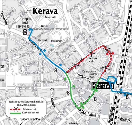 66 2.6.4 Keravan sisäiset linjat ja Keravan suunnan seutulinjat Linja Ke8 Linjan 8 reitti muutetaan Keravan keskustassa kulkemaan Aleksis Kiven kadun ja Keskustan kehän kautta terveyskeskuksen suuntaan.