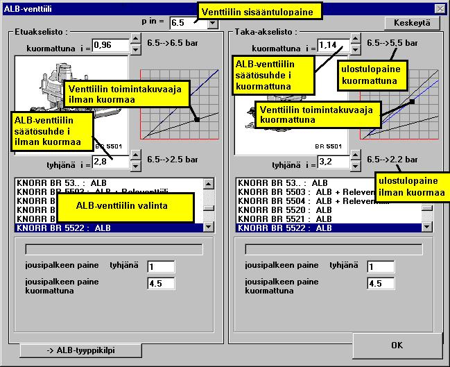 Venttiilit, jarrukaavio ALB-venttiilit ALB-venttiilin mallin ja säätöarvojen valinta. Kohdasta i = voidaan valita venttiilin säätösuhde i. Säätösuhteen valinta muuttaa myös venttiilin kuvaajaa.