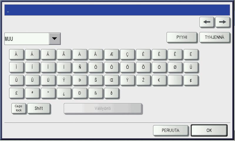 [Symboli]: symbolinäppäinten käyttö. [Muu]: erikoisnäppäinten käyttö. [Caps lock]: [Shift]: [Välilyönti]: vaihtaa isot kirjaimet pieniksi ja päinvastoin. vaihtaa isot kirjaimet. syöttää välilyönnin.