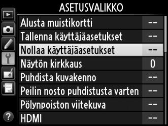 5 Tallenna käyttäjäasetukset. Korosta kohta Tallenna asetukset ja paina J niin vaiheissa 1 ja 2 asetetut säädöt tallennetaan vaiheessa 4 valittuun tilanvalitsimen kohtaan.