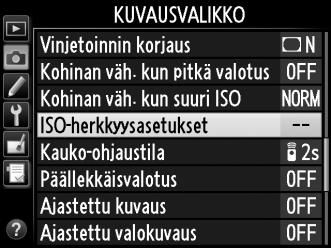 Autom. ISO-herkkyyssäätö (Vain P-, S-, A- ja M-tiloissa) Jos kuvausvalikon kohtaan ISO-herkkyysasetukset > Autom.