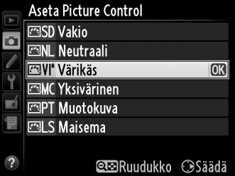 Korosta haluamasi Picture Control -säädin Picture Control -luettelosta (0 129) ja paina 2. 2 Säädä asetuksia. Korosta haluamasi asetus painamalla 1 tai 3 (0 132) ja valitse arvo painamalla 4 tai 2.