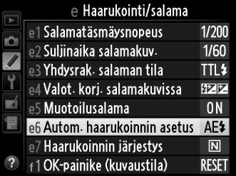 Haarukointi (Vain P-, S-, A- ja M-tiloissa) Haarukointi muuttaa automaattisesti valotusta, salamatehoa, Aktiivista D-Lightingia (ADL) tai valkotasapainoa hieman jokaisen kuvan kohdalla, haarukoiden