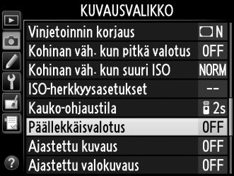 Päällekkäisvalotus (Vain P-, S-, A- ja M-tiloissa) Tallenna kahdesta kymmeneen valotuksen sarja yhteen valokuvaan seuraavien ohjeiden avulla.