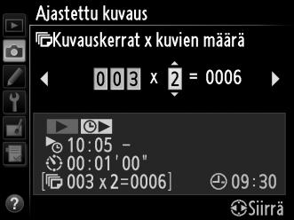 4 Valitse aikavälien määrä ja kuvamäärä per aikaväli. Korosta aikavälien määrä tai kuvamäärä painamalla 4 tai 2; muuta painamalla 1 tai 3. Jatka painamalla 2.