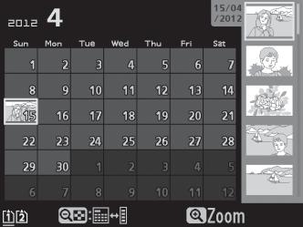 Kalenteritoisto Jos haluat katsella tiettynä päivämääränä otettuja kuvia, paina W (S) -painiketta 72 kuvan näyttötilassa.