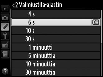 c2: Valmiustila-ajastin G-painike A Mukautetut asetukset Tämä toiminto määrittää sen, kuinka kauan kamera jatkaa