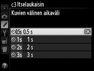 c3: Itselaukaisin G-painike A Mukautetut asetukset Valitse laukaisimen viive, otettavien kuvien määrä ja kuvien välinen