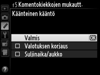 f5: Komentokiekkojen mukautt. G-painike A Mukautetut asetukset Tämä asetus ohjaa pää- ja sivukomentokiekkojen toimintaa.