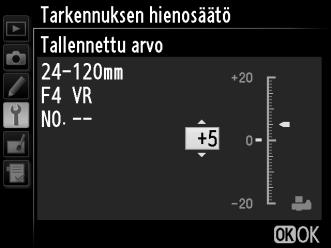 Tarkennuksen hienosäätö G-painike B asetusvalikko Voit hienosäätää tarkennuksen jopa 12 objektiivityypille. Tarkennuksen säätöä ei tavallisesti suositella, ja se voi häiritä normaalia tarkentamista.