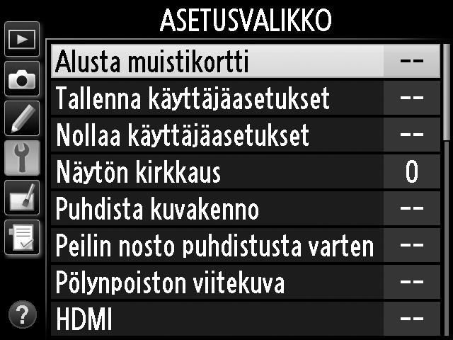 Kameran valikot Useimpia kuvaus-, toisto- ja asetusvaihtoehtoja voidaan säätää kameran valikoiden kautta. Valikot saa näkyviin painamalla G- painiketta.