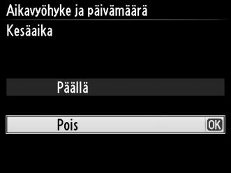 4 Valitse päivämäärän esitysmuoto. Valitse kuukauden, päivän ja vuoden näyttöjärjestys painamalla 1 tai 3. Pääset seuraavaan vaiheeseen painamalla J. 5 Kytke kesäaika päälle tai pois.