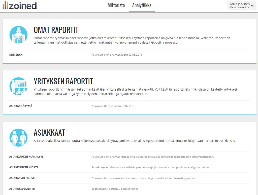 Analyysien tallennus (2/2) Tallennetut raportit listataan Analytiikka-sivun etusivulle Omat raportit kohtaan. Myös yrityksesi Ylläpitäjäkäyttäjä voi nähdä raporttisi.