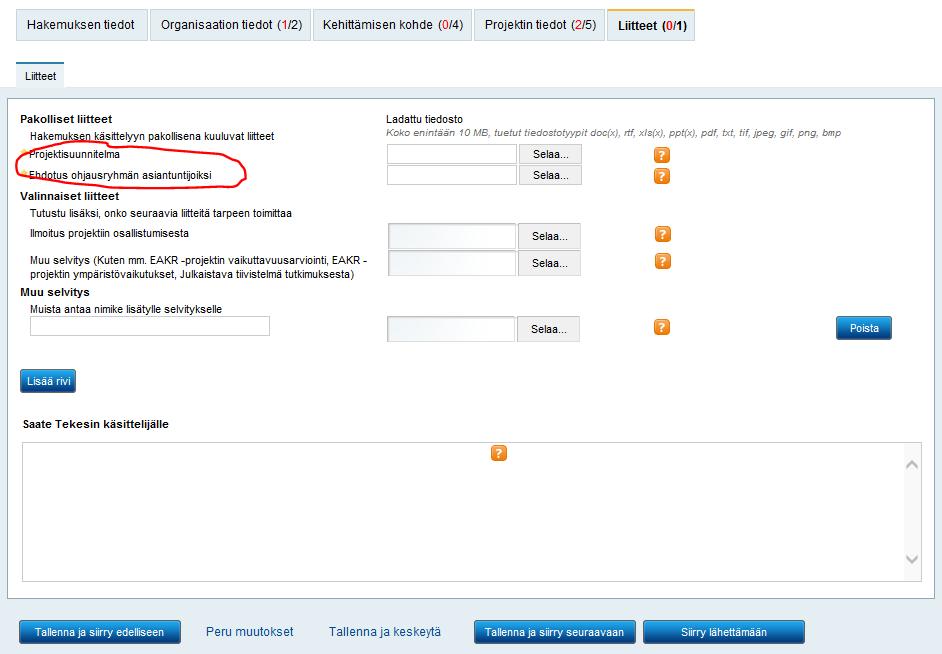 Projektisuunnitelma ja ohjausryhmä ovat pakollisia liitteitä mutta sisältö voi olla tyhjä.