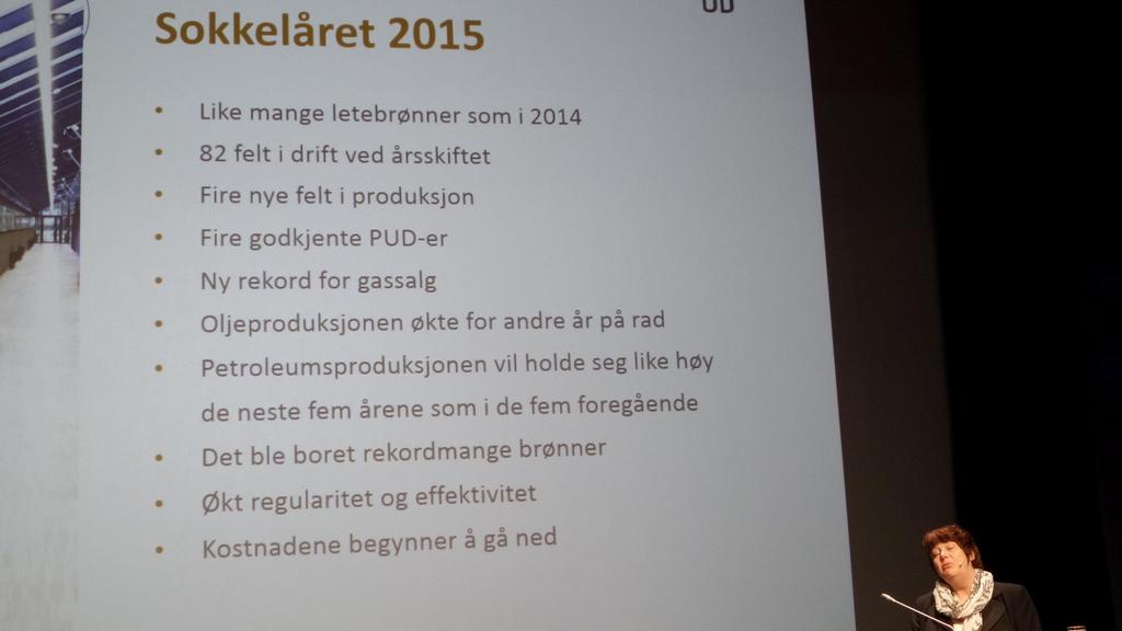 Oljedirektör Bente Nyland, Oljedirektoratet Vuosi 2015 - sama määrä koeporauksia kuin 2014-82 kenttää toiminnassa vuoden vaihteessa - 4 uutta kenttää - 4 toimintasuunnitelmaa PUD, plan for utbygging