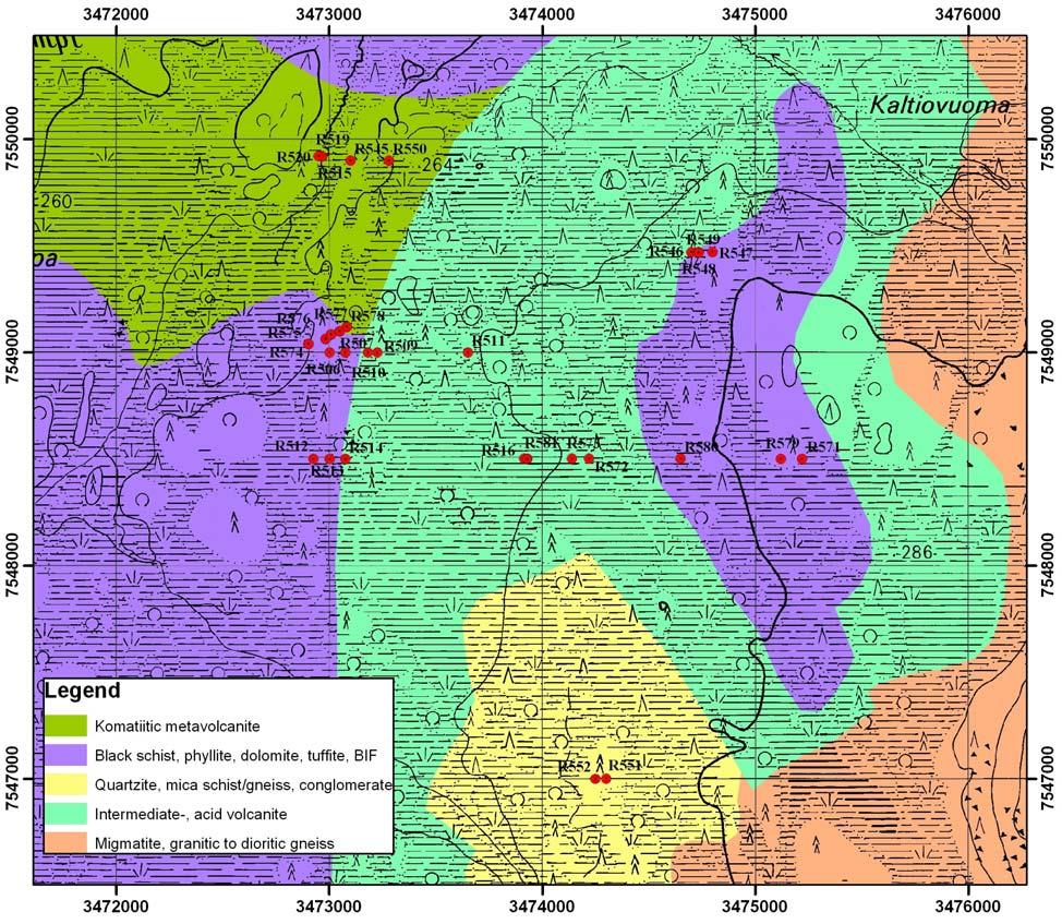 4 Kuva 3. Kirakka-aavan kivilajit (Lehtonen et al., 1998) ja kairauspisteiden sijainti. (Pohjakartta Maanmittauslaitos, lupa nro 13/MYY/07) Fig. 3. The rock types (Lehtonen et al.