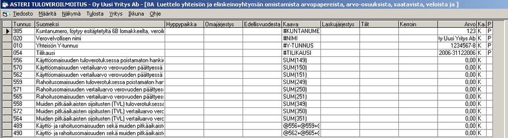 20/51 KÄYTTÖOHJEET Asteri Tuloveroilmoitus 7.6 OSATIETORYHMÄN SARAKKEEN YHTEISSUMMA, SUM Joihinkin kenttiin tarvitaan yhteissumma osatietoryhmän jostakin sarakkeesta.