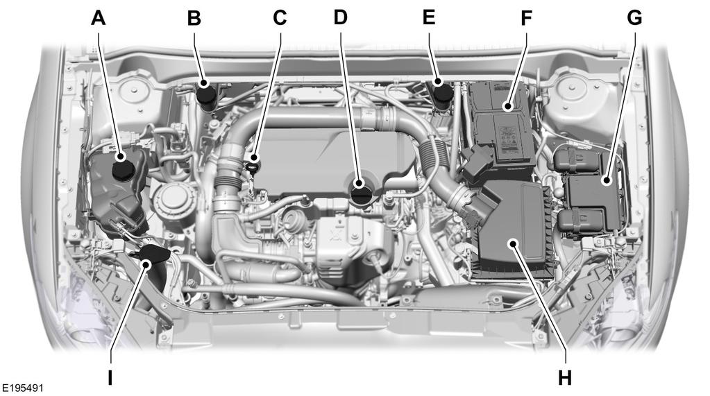 Huolto MOOTTORITILAN YLEISKATSAUS - 1.0L ECOBOOST A. B. C. D. E. F. G. H. I. Jäähdytysnestesäiliö. Katsokaa Moottorin jäähdytysnesteen tarkistus (sivu 255).