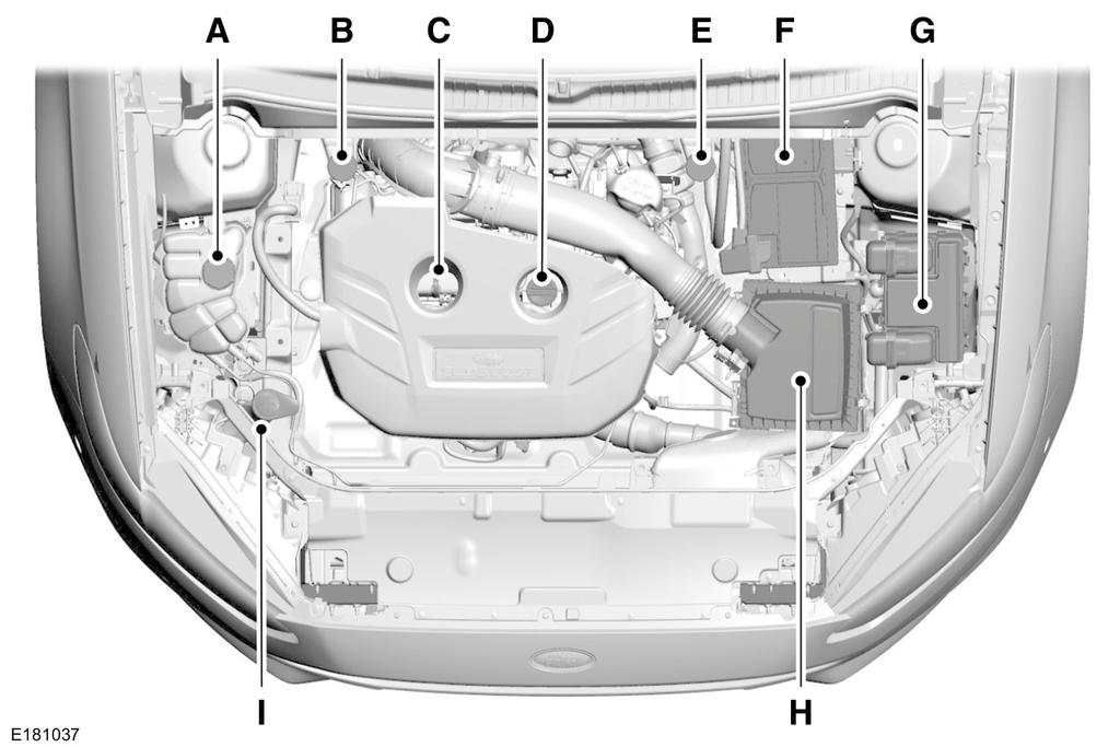 Huolto MOOTTORITILAN YLEISKATSAUS - 2.0L ECOBOOST A. B. C. D. E. F. G. H. I. Jäähdytysnestesäiliö. Katsokaa Moottorin jäähdytysnesteen tarkistus (sivu 255).