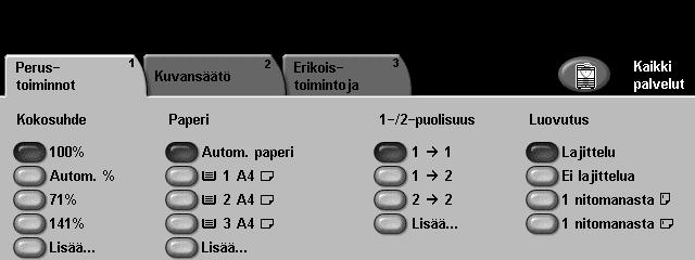 Kopioiminen 1 Aseta kopioitavat originaalit etupuoli ylöspäin originaalien syöttölaitteeseen tai etupuoli alaspäin valotuslasin vasempaan alakulmaan. 2 Paina Palvelut-näppäintä.