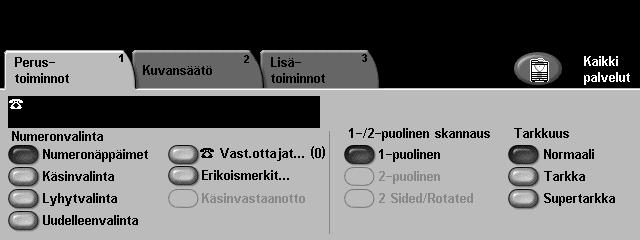 Faksin lähettäminen 1 Aseta faksattavat originaalit etupuoli alaspäin valotuslasille tai etupuoli ylöspäin originaalien syöttölaitteeseen. 2 Paina ohjaustaulun Palvelut-näppäintä.