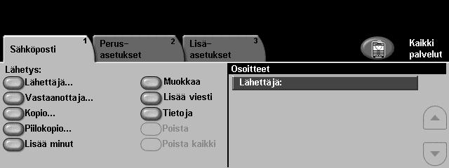 Sähköpostin lähettäminen 1 Aseta originaalit etupuoli alaspäin valotuslasille tai etupuoli ylöspäin originaalien syöttölaitteeseen. 2 Paina ohjaustaulun Palvelut -näppäintä.