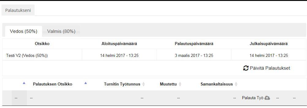 2 Tehtävää klikkaamalla avautuu seuraavan näkymä (alla), jossa Palautukseni-välilehdellä (My Submissions) on tehtävän aloitus- ja palautus- sekä