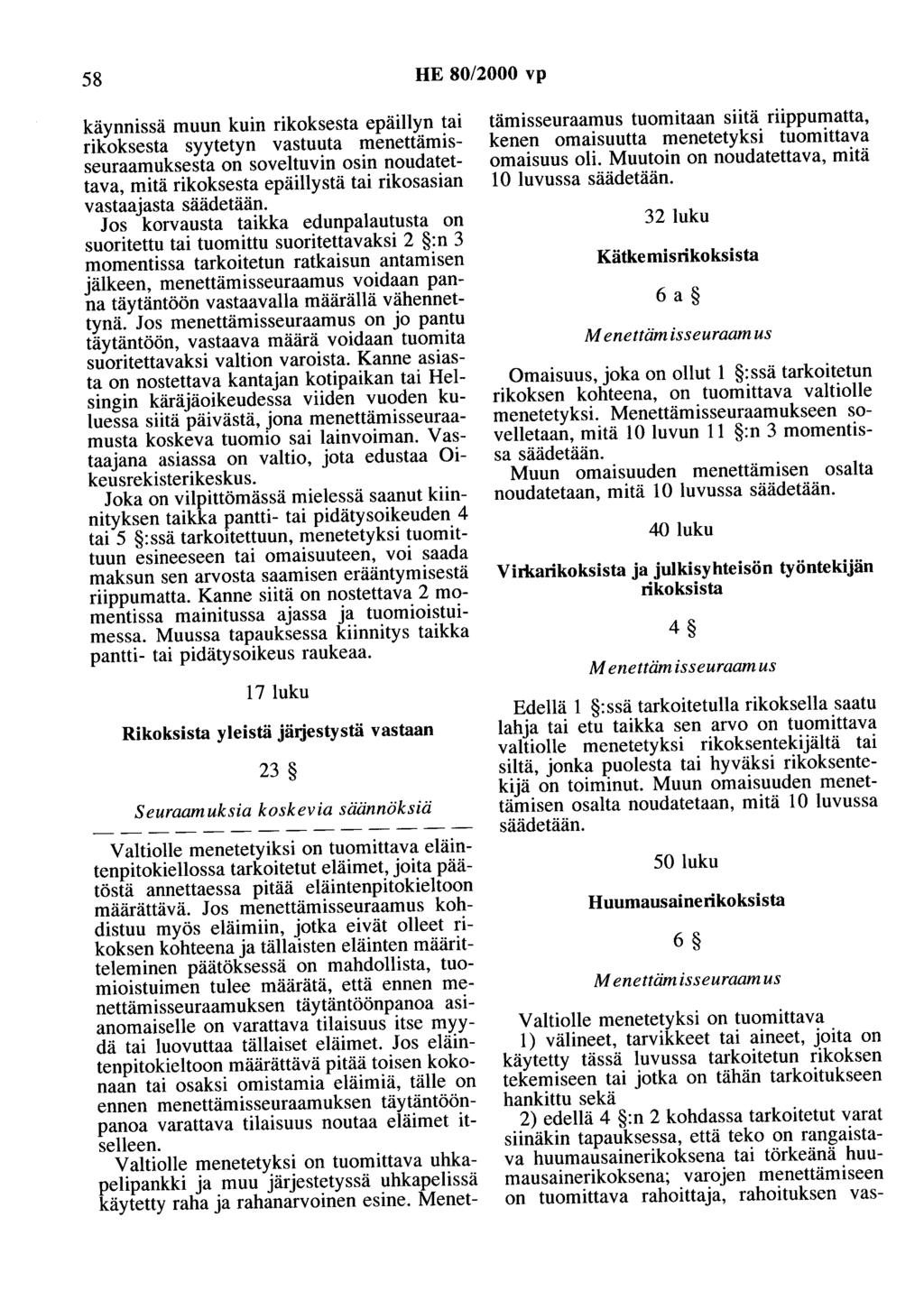 58 HE 80/2000 vp käynnissä muun kuin rikoksesta epäillyn tai rikoksesta syytetyn vastuuta menettämisseuraamuksesta on soveltuvin osin noudatettava, mitä rikoksesta epäillystä tai rikosasian