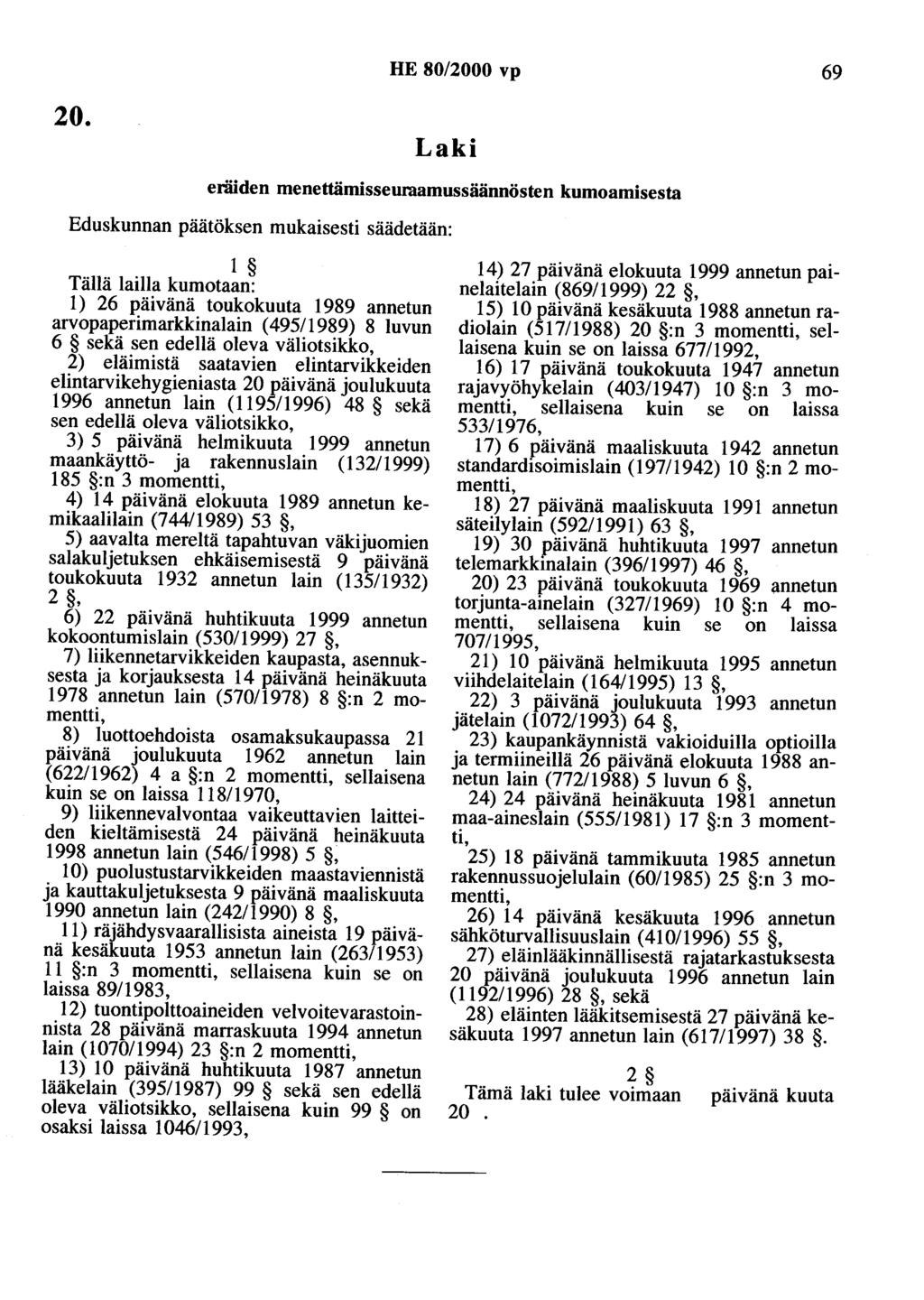 20. HE 80/2000 vp 69 Laki eräiden menettämisseuraamussäännösten kumoamisesta Eduskunnan päätöksen mukaisesti säädetään: 1 Tällä lailla kumotaan: 1) 26 päivänä toukokuuta 1989 annetun