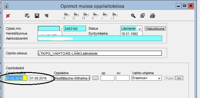 pääaine päättyneeksi ja sen jälkeen lisätään uusi pääainerivi.