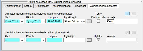 Uusi ominaisuus versiosta 4.0 alkaen: jos opiskelija on hakenut lisäaikaa, mutta sitä ei myönnetä, hylkäävä päätös kirjataan Valmistumissuunnitelmat-välilehden alareunaan.