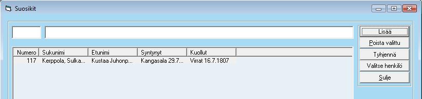 Suosikit näyttö Keskusikkunan keskellä on Suosikit -painike. Suosikit toiminnon idea on se, että sinne voidaan tallentaa kiinnostavia henkilöitä.