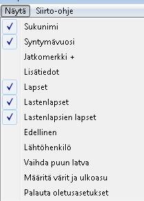 Näytä valikko saadaan esiin myös hiiren oikealla näppäimellä jonkin pallukan päältä. Sukupuulle on myös toinen tausta, jonka saa esiin valinnalla Vaihda tausta.