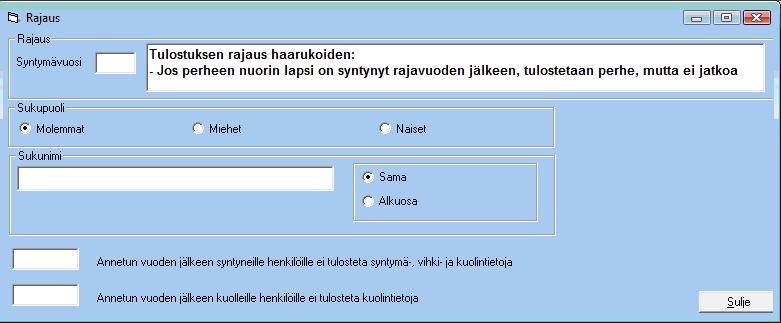 Kansilehti ja hakemistosivut voidaan tulostaa tarpeen mukaan. Rajaus -näyöllä voidaan tehdä useita rajauksia, jotka vaikuttavat tulostukseen.