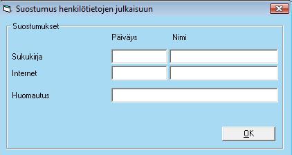 18. Sekalaiset -valikko Suostumukset näyttö Suostumukset -näytölle voit kirjata tiedot kirjallisista suostumuksista Sukukirja- ja/tai Internet - julkaisemista saamistasi kirjallisista luvista.