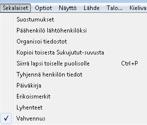 Tieto tallentuu Parametrit -näytölle. Kun avaat SukuJutut -ohjelman, niin kyseisen henkilön tiedot aukeavat ensimmäisenä Keskusikkunalle.