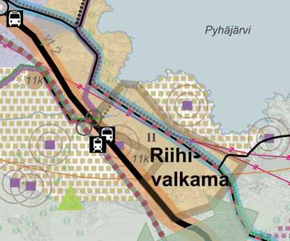 Tällöin Riihivalkaman kylän alueelle on osoitettu rautatien ja valtatien joukkoliikennepysäkit.