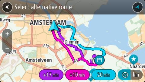 Vihje: Vaihtoehtoisten reittien laskemiseen käytetään elinikäisestä Traffic-palvelusta saatavia tietoja. Yli 50 % kestoltaan pidempiä reittejä ei näytetä. 5. Valitse haluamasi reitti napauttamalla aikakuplaa.